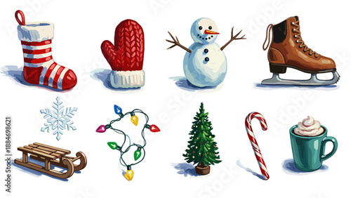 Collection of festive holiday items including socks gloves snowman