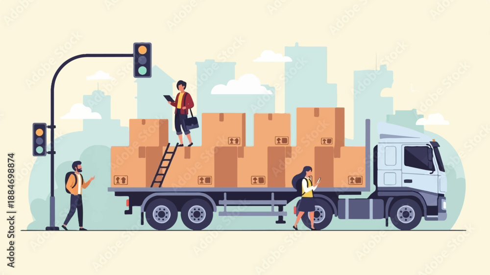 Fototapeta premium Delivery truck loaded with boxes, traffic light, and people