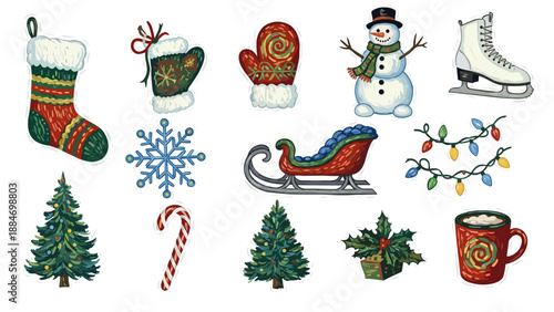 Collection of festive holiday icons including christmas stocking and snowman