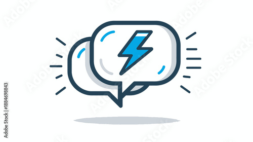A stylized illustration featuring two overlapping speech bubbles and a lightning bolt