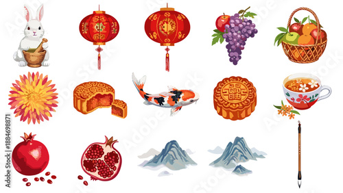 Collection of traditional chinese festival symbols and cultural items