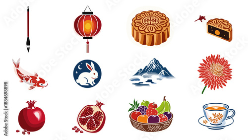 Collection of traditional asian and winter holiday symbols and foods