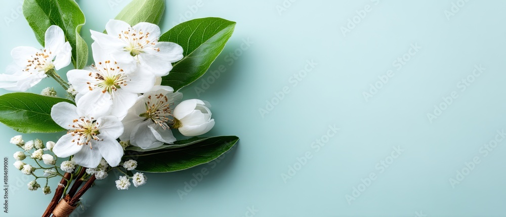 Obraz premium Spring apple blossoms are arranged on a light green background, providing space for text and design elements in a banner