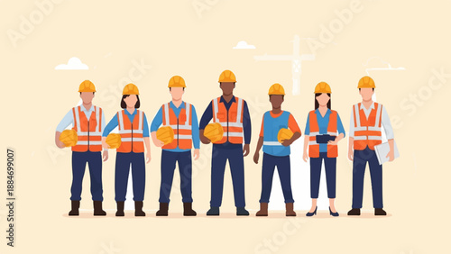 Diverse construction team stands together in orange vests and yellow hard hats