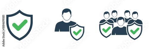 People and shield icon set, flat vector illustration including user with shield, protection symbols, approved check mark, and guard security icons
