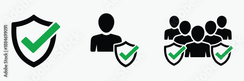 People and shield security symbols, protection icon set in flat style, featuring user profile security sign, approved mark, and guard shield with tick, vector