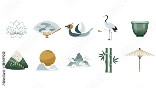 Collection of traditional asian cultural symbols and objects