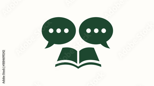 A dark green open book is under two conversation bubbles, all against a cream-colored background