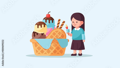 Cute illustration of a girl holding ice cream with a large cone of ice cream