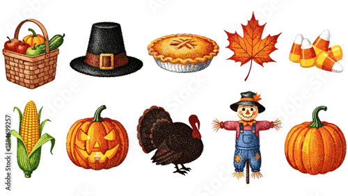 Collection of autumn harvest symbols including pumpkin turkey and corn