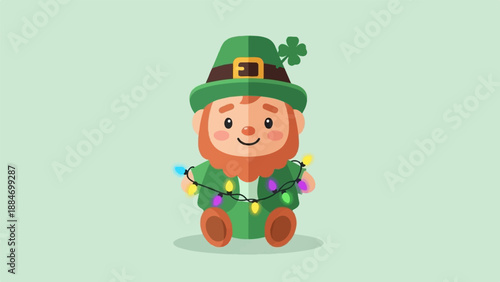 Cute leprechaun character adorned with festive colorful lights and a clover hat