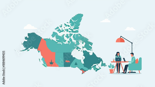 Digital map illustration of Canada with people working remotely at a desk