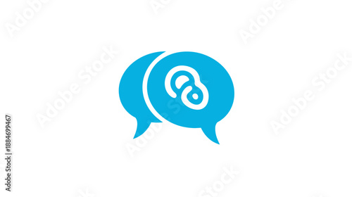 Stylized, blue icon, showing two speech bubbles, one with an ear inside