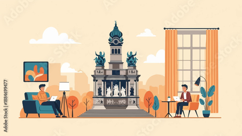 Digital nomads enjoy remote work with city monument and cozy interiors