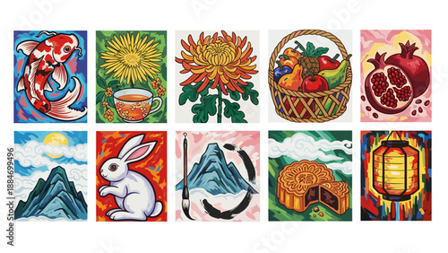 Collection of colorful traditional asian and lunar festival symbols