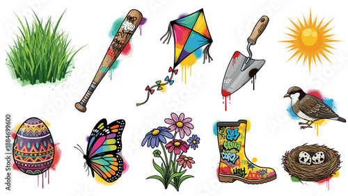 Collection of colorful easter and spring holiday icons and symbols