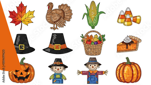 Collection of halloween themed illustrations with pumpkins and costumes