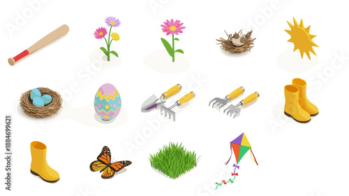 Collection of colorful spring and outdoor seasonal objects and accessories