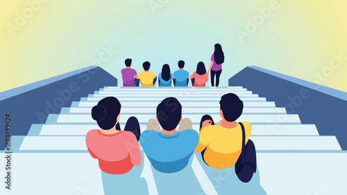 Diverse group of people sitting on wide stairs, facing away from camera