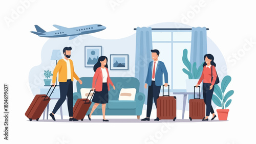 Diverse group of people with luggage awaiting a flight