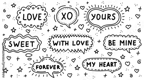Hand drawn doodle speech bubbles with love messages. Talk design for greeting card and Valentines Day. Romantic communication concept background. Vector illustration