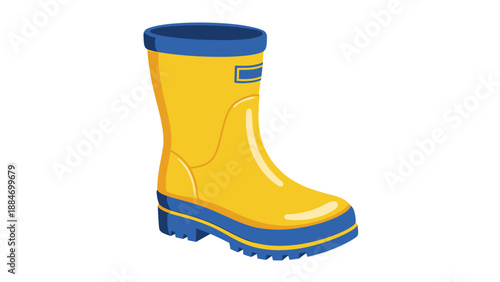 Yellow rubber rain boot with blue sole