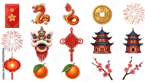 Collection of traditional chinese symbols and festive decorations