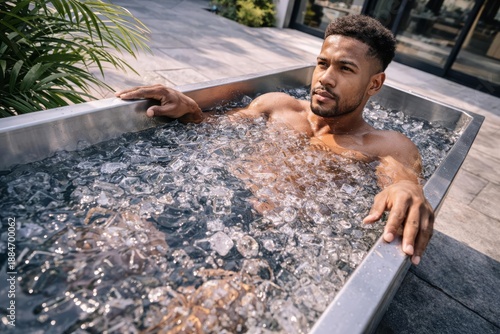 Focused athlete sitting in cold ice bath on sunny outdoor patio