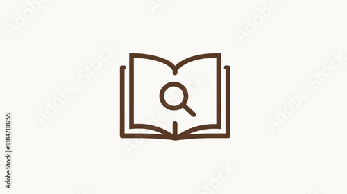 Illustration featuring an open book with a magnifying glass in the center. Brown outline design