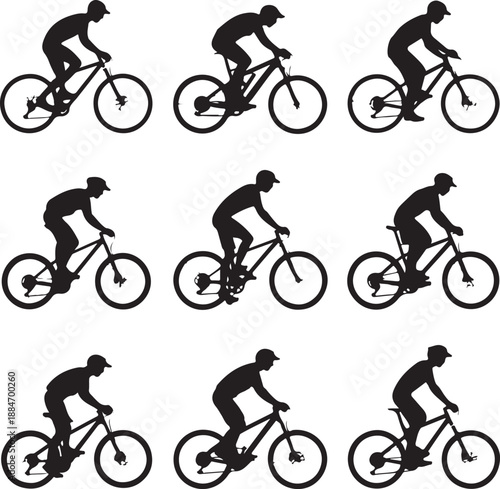 Silhouette of cyclist riding bicycle in various positions on white background