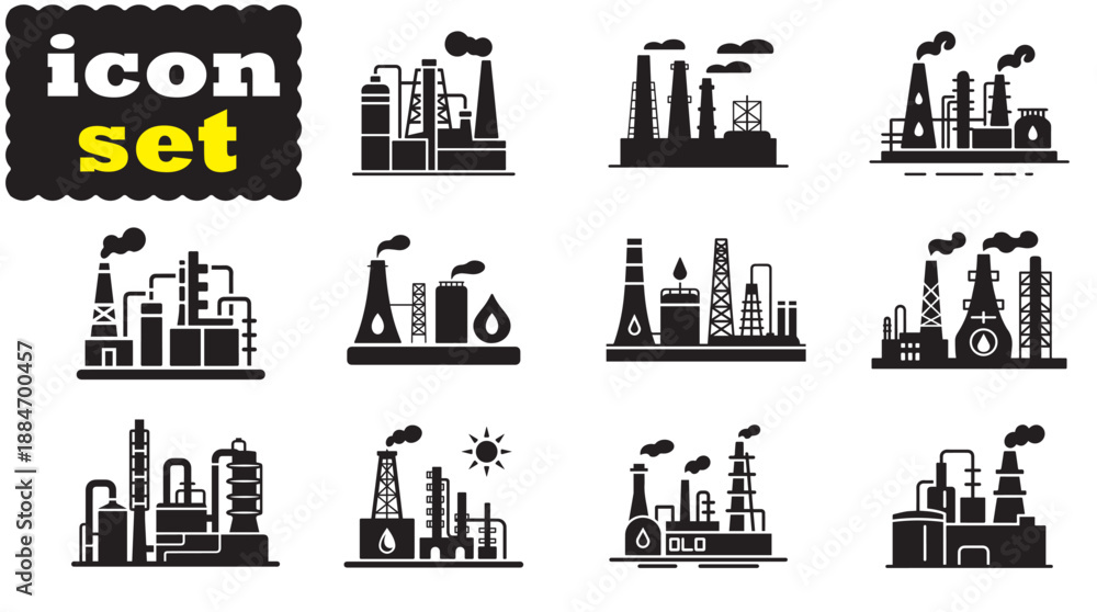 Obraz premium Oil Refinery Icon Set, Editable Solid Vector Illustration