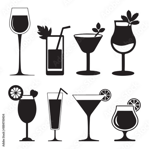 Tropical Cocktail and Wine Glass Silhouette Set for Menus