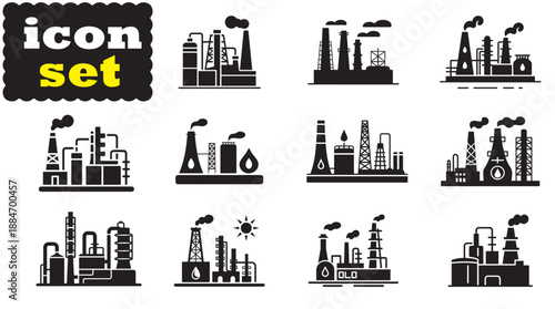 Oil Refinery Icon Set, Editable Solid Vector Illustration