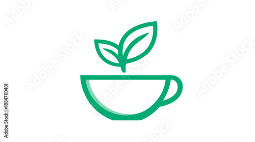 Minimalist image depicting a teacup with two leaves. The design is in green and white