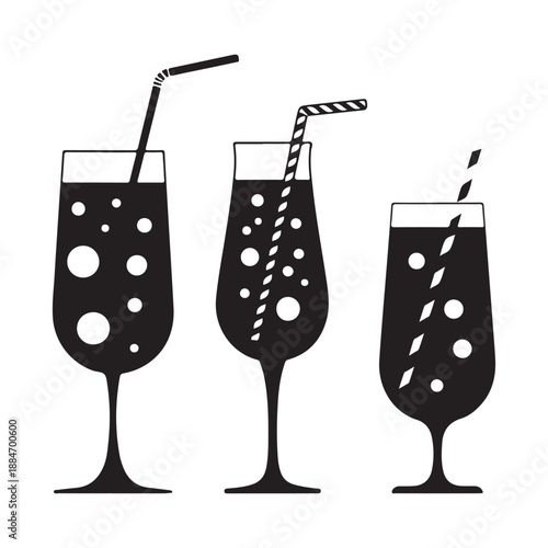 Bubbly Drink Silhouette Set with Straws for Party and Bar Art