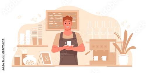 Young male barista stands behind coffee shop counter holding a cup, surrounded by coffee machine, cups, and decor, isolated on white background vector illustration
