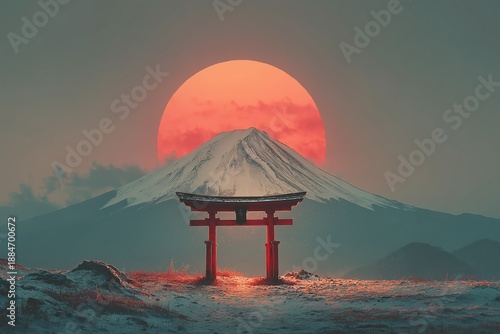 Mount Fuji stands tall under a bright sunset with a traditional gate in the foreground