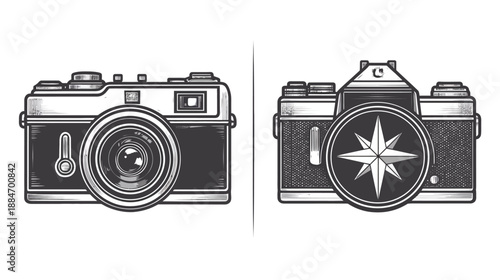 Black and white illustrations of vintage film cameras, one with a compass