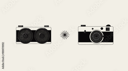 Stylized illustration featuring two cameras and a graphic element on a neutral cream backdrop