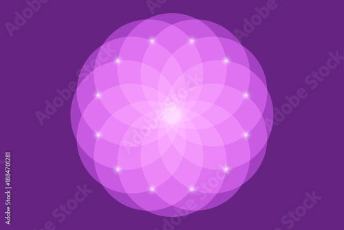 Pink Lotus, Flower of Life. Sacred Geometry. Symbol of Harmony and Balance. Sign of purity. Flower Mandala logo design vector isolated on purple background