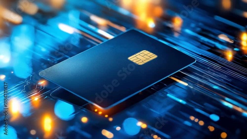 Blue credit card chip on digital circuit board glowing lights technology futuristic design finance concept innovation