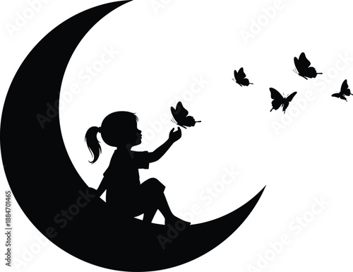 Silhouette of a child sitting on a crescent moon reaching out to a butterfly with other butterflies flying around