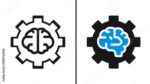 A side-by-side comparison of two gear and brain icons. One is black and white, the other is blue and black