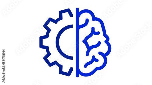 A combination of a gear and a brain, split vertically, both rendered in a dark blue, on white