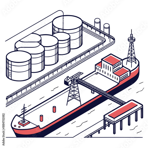 Industrial Oil Tanker Loading Terminal and Ship Flat Vector
