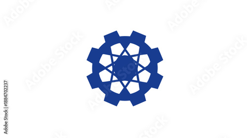 A blue gear-shaped design, made of repeating geometric shapes, centered on a white background