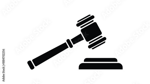 A simple black and white illustration of a gavel and sounding block