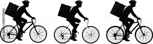 Silhouette bicycle courier delivery riders, urban bike messenger concept, fast food delivery service, logistics transportation, eco friendly cycling illustration