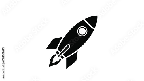 A simple black silhouette of a rocket ship taking off into space