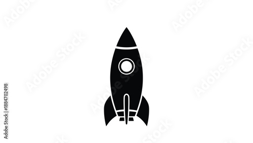 A simple black silhouette of a rocket ship against a white background